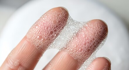 Fototapeta premium Macro Fingertips Holding Creamy Foam Bubbles in Refreshing Soothing Skincare Moment.