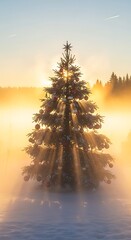 Misty Winter Sunrise Illuminates Lone Evergreen Tree in Snowy Landscape.