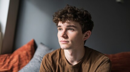 Obraz premium Portrait of a Thoughtful Young Man with Curly Hair Looking Away Indoors
