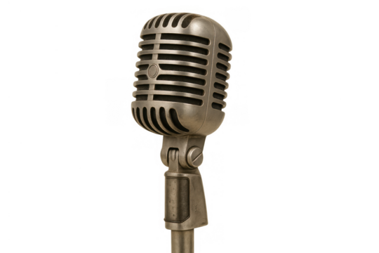 Vintage studio microphone for broadcasting and recording audio, classic retro sound equipment on transparent background