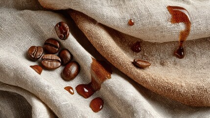 Messy coffee spill and roasted beans on wrinkled natural linen fabric texture. Close-up of a brown liquid stain.