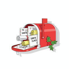 A red Christmas mailbox overflowing with letters addressed to Santa Claus, decorated with holly.