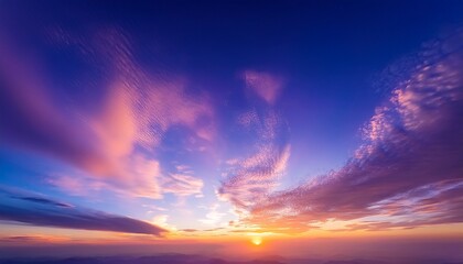 Fototapeta premium Fantasy Twilight Dawn Blurred Abstact Background Gold Sunlight On Blue Sky And Moving Soft Purple Clouds Before Sunset