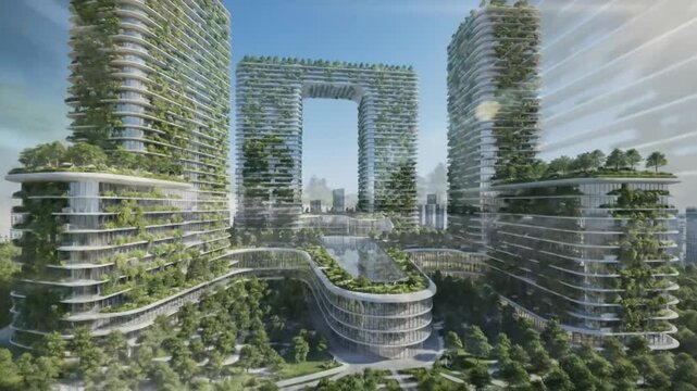 Dynamic Aerial Journey Through a Visionary Green City: Sustainable Urban Architecture and Lush Gardens.