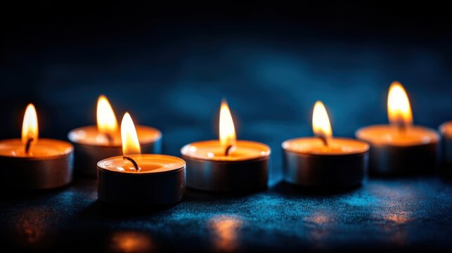 Elegant Tealight Candles Burning Brightly on Dark Surface, Creating Warm Ambiance and Gentle Illumination - Powered by Adobe