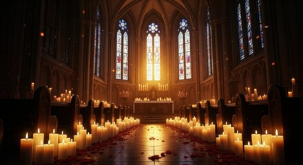 Atmospheric Church Interior Illuminated by Hundreds of Candles, Stained Glass, and Rose Petals for Sacred Ceremony