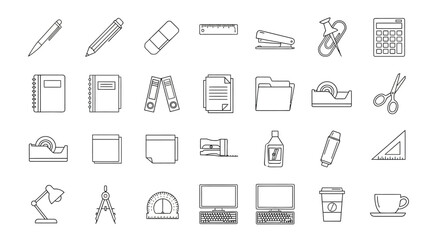 Outline drawing of office and school supplies neatly arranged on a white background, crisp and clean