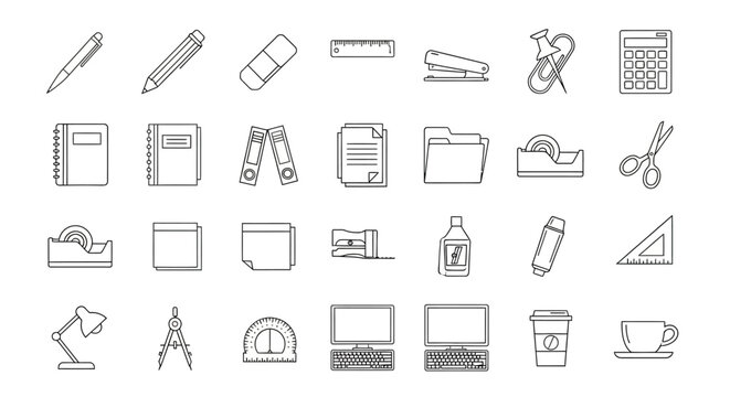 Outline drawing of office and school supplies neatly arranged on a white background, crisp and clean