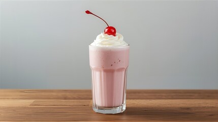 Retro Pink Milkshake with Whipped Cream and Cherry Topping