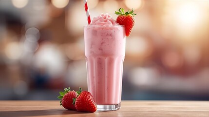 Refreshing Strawberry Milkshake in a Cafe Setting