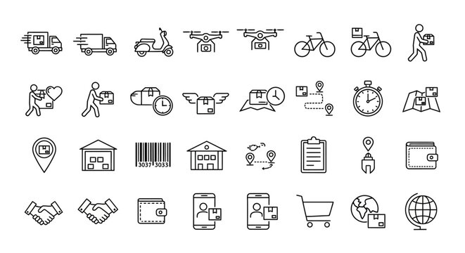 Line art icons depicting delivery, transportation, and logistics on a white background in a 6x5 grid layout