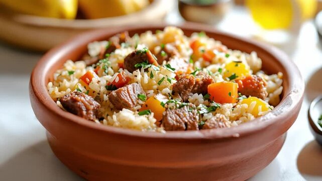 Delectable Rice Dish: A vibrant and appetizing dish of seasoned rice, speckled with colorful vegetables and tender meat, presented in a rustic earthenware bowl.