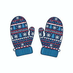 A pair of blue, red, and white knitted mittens with a festive winter pattern featuring snowflakes and Christmas trees.