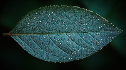 Close-up of a single leaf with tiny water droplets, showing intricate detail on a dark background