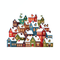 A charming illustration of a cozy winter village with colorful houses covered in snow, creating a festive and whimsical scene.