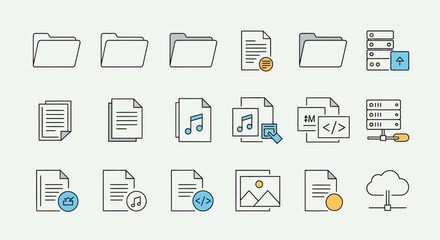 A collection of flat design icons representing files, folders, and data management tools