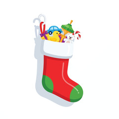 A vibrant red and green Christmas stocking filled with various toys and candy, hanging on a white background.