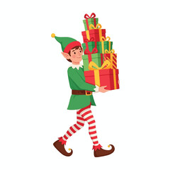 A cheerful cartoon Christmas elf character wearing a green outfit and striped leggings, happily carrying a tall stack of colorful wrapped presents.