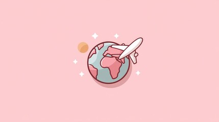 Charming cartoon airplane encircling the globe, representing global travel, international journey, and worldwide exploration concept on a pink background.