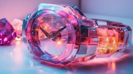 A close-up, dazzling, translucent watch with a faceted design and delicate hands