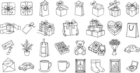 Hand-Drawn Doodle Icons Set of Gifts, Presents, Shopping, Celebrations, and Everyday Objects. Black and White Sketch Vector Collection for Holidays, Love, and Family Design.