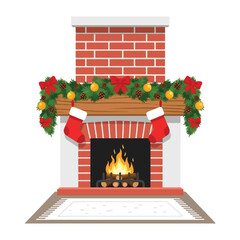A festive brick fireplace decorated with a Christmas garland, red stockings, and a warm burning fire, with a rug in front.