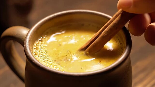 stirring warm golden milk turmeric drink cinnamon stick