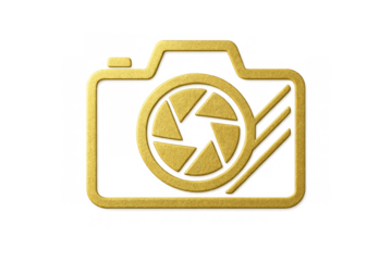 Gold no photography sign icon showing a camera with a diagonal line, symbolizing restricted picture taking, transparent background