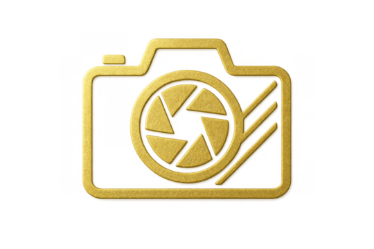 Gold no photography sign icon showing a camera with a diagonal line, symbolizing restricted picture taking, transparent background - Powered by Adobe