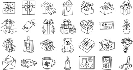 Hand-drawn Doodle Sketch Icons Set of Various Gifts and Presents for Celebration, Holidays, Special Occasions, Birthdays, and Christmas