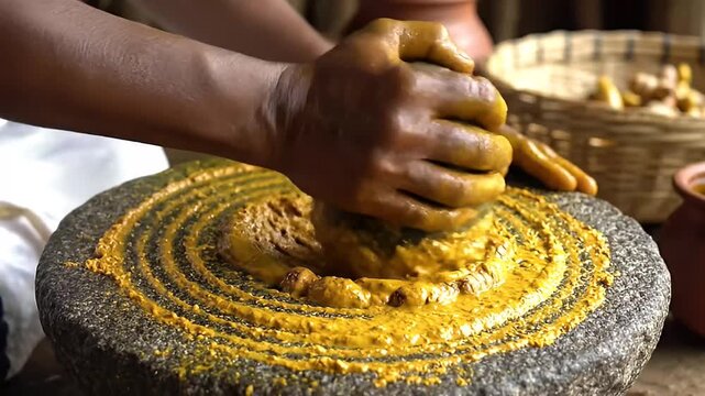 hands grinding fresh turmeric roots traditional stone