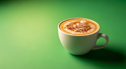 A close-up of a white ceramic cup filled with frothy coffee topped with cocoa powder, placed on a vibrant green surface with a blurred green background