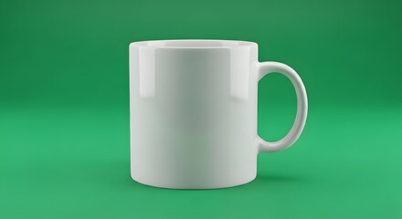 A plain white ceramic mug with a handle placed on a vibrant green background, suitable for coffee, tea, or other hot beverages in everyday settings