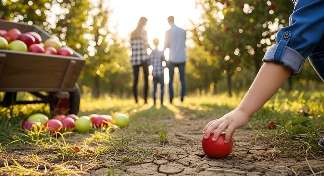 Child Reaches for Apple Amid Sunlit Orchard Harvest with Family Nearby.