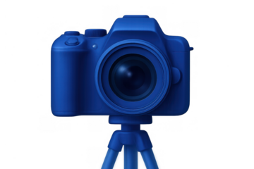 Blue digital camera on a tripod, front view, capturing moments, modern photography equipment, transparent background