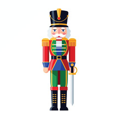Colorful illustration of a traditional nutcracker soldier holding a sword, dressed in a red, blue, and green uniform with a tall black hat.