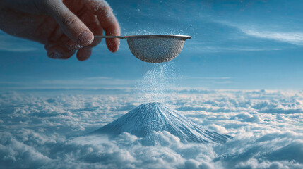 Hand sifting snow onto majestic mountain peak above clouds, creative winter concept.