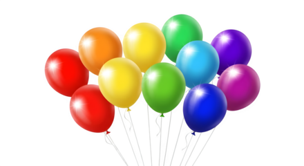 Bunch of colorful balloons floating together isolated on transparent background