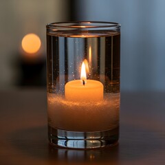 A peaceful scene featuring a lit candle floating inside a glass container filled with water, creating a calming and warm ambiance in a softly lit environment