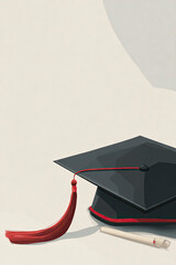 Graduation cap and diploma on beige