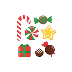 A collection of festive Christmas candies, sweets, and a gift box, including a candy cane, wrapped chocolates, and a star cookie.