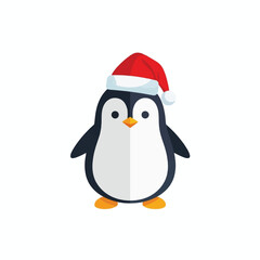 A charming cartoon penguin wearing a festive red Santa hat, depicted in a flat design style on a white background.