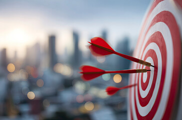 Red darts hitting bullseye target, city backdrop