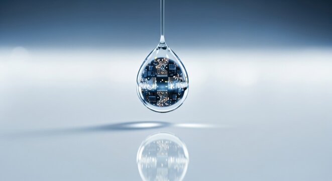 Abstract high-tech water droplet containing glowing digital information or intricate genetic structure, reflecting on a clean blue surface. Science and technology concept.