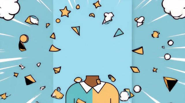 Animated Person Reacting to Colorful Explosion with Debris Falling