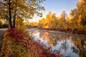 Calgary, Alberta - October 10, 2025: Fall colours along the river pathways and streets of Rideau and Elbow Park neighborhoods in Calgary, Alberta

