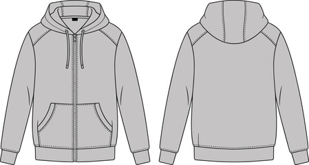 Hooded sweatshirt front and back view, full zipper, kangaroo pocket, raglan sleeves, drawstring hood, fashion sketch, garment template, apparel design, illustration