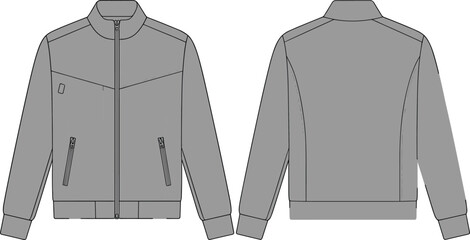 Jacket fashion illustration, technical sketch, high collar design, zip front closure, diagonal pocket detail, ribbed cuff hem, sewing pattern, garment template, apparel mockup