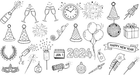 New Year's Eve Doodle Icons: Hand-Drawn Festive Elements for 2024 Celebrations