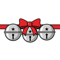 Three silver jingle bells with stars and keyholes tied together by a vibrant red ribbon and bow, perfect for festive designs.